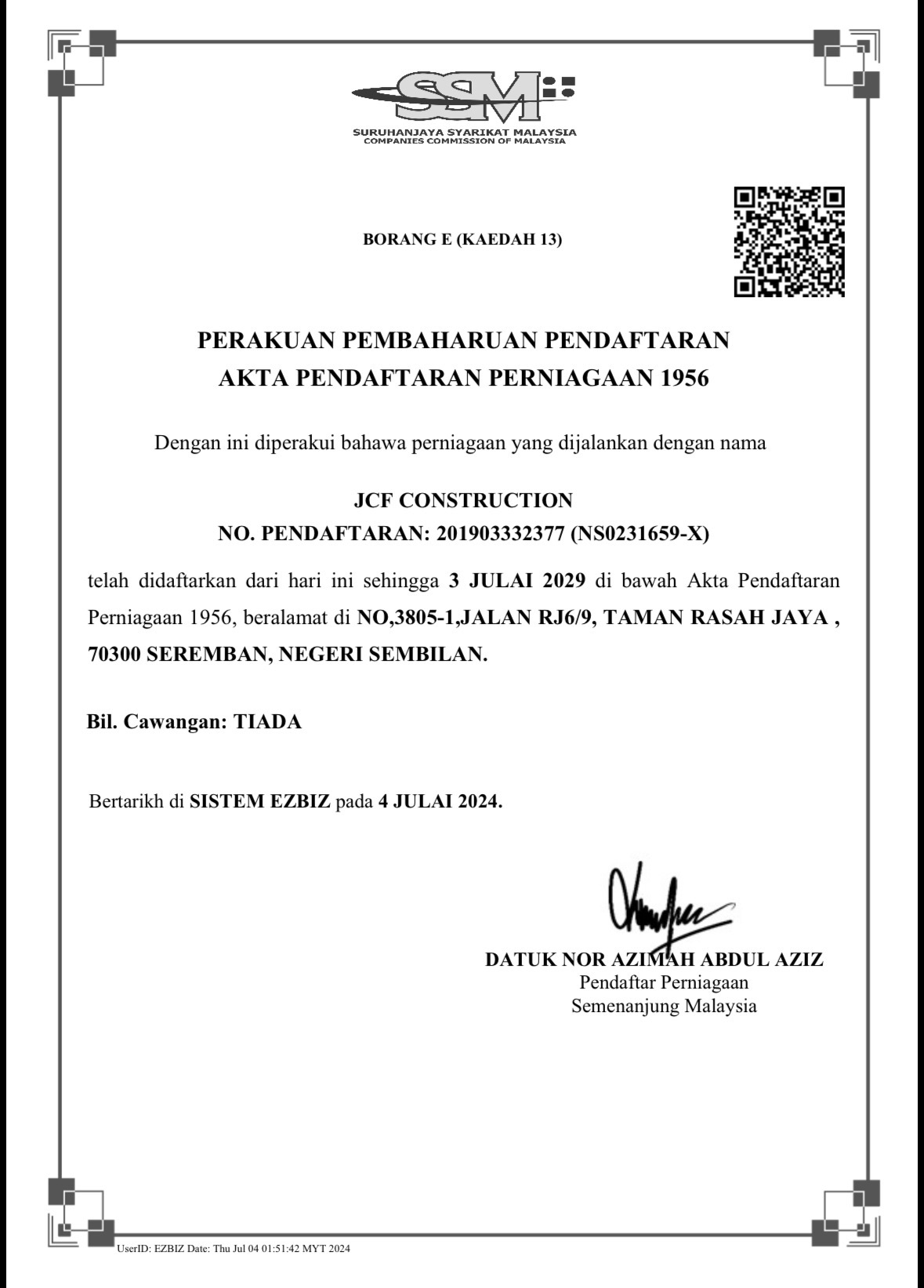 SSM business registration certificate for JCF Construction