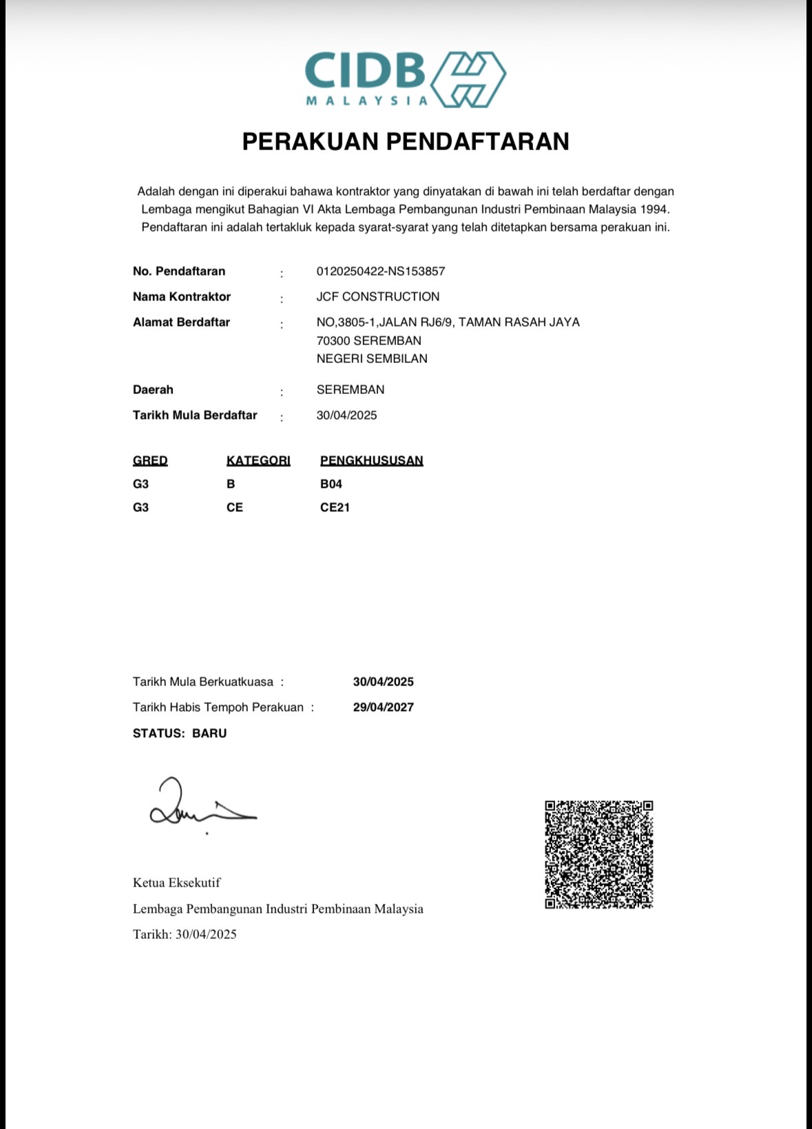 CIDB Malaysia registration certificate for JCF Construction